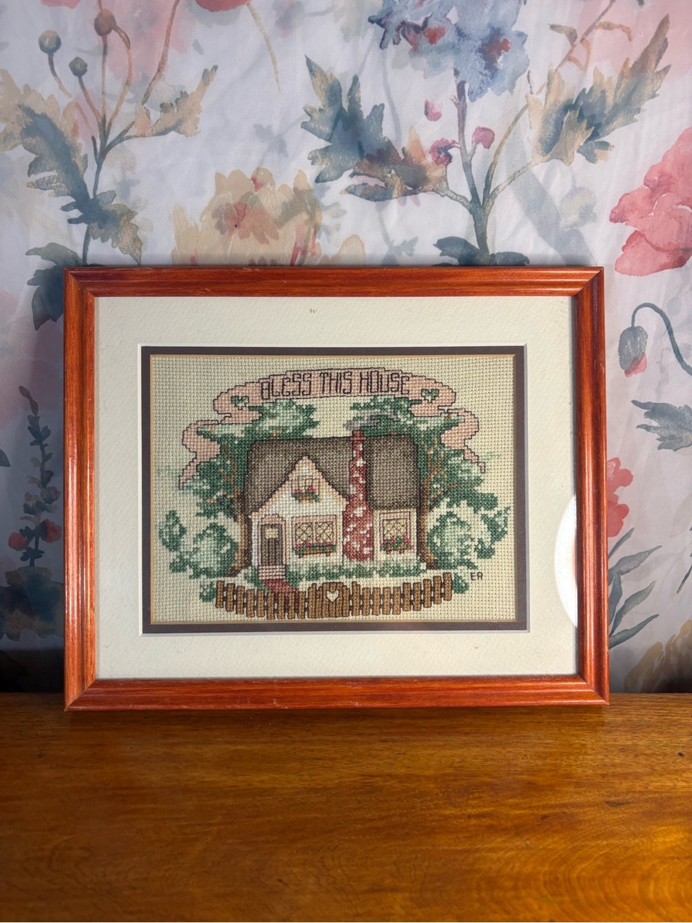 Vintage Handmade 'Bless This House' Cross Stitch Wall Art in Brown and Green